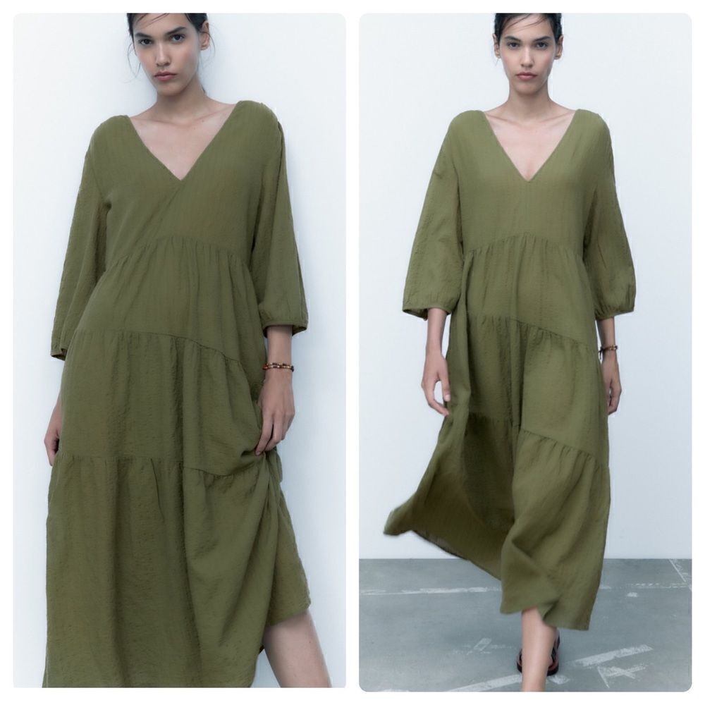 Zara Textured Green Dress Midi New - Picture 3 of 6